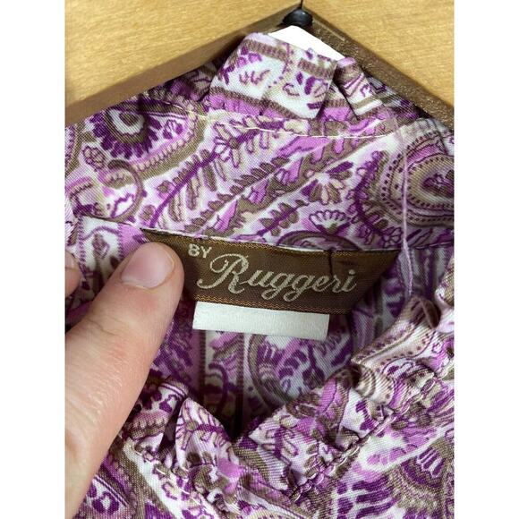 Vintage 1960s Blouse High Ruffle Neck Purple Paisley Button Up Secretary 42 / 2X - Picture 14 of 15